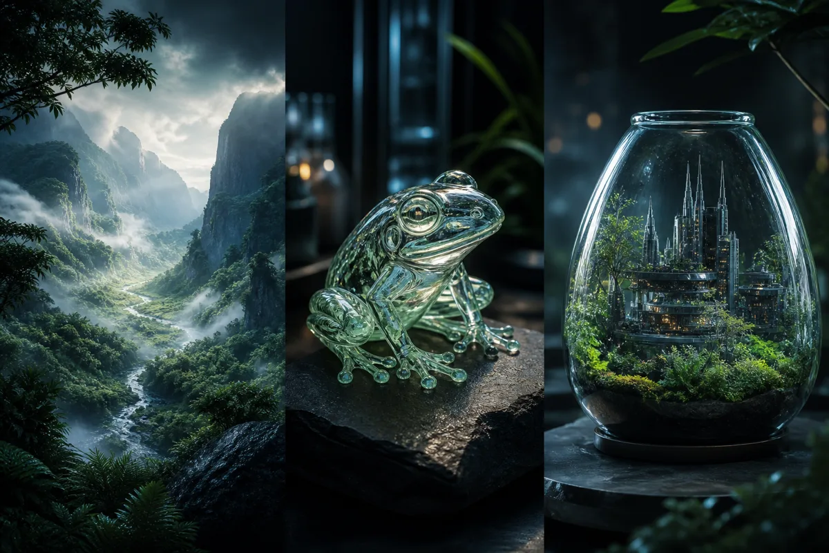 AI picture ideas showing a misty green valley, a glass frog sculpture, and a futuristic city in a terrarium