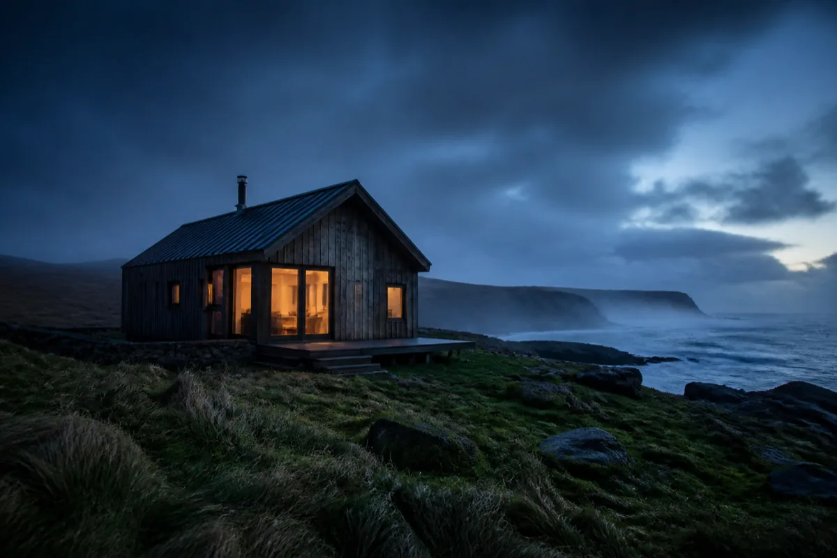 A weathered timber cabin glowing warmly beside a misty coast at blue hour
